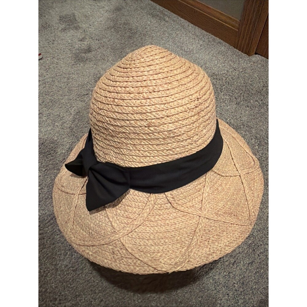J Hats Floppy Straw Sun Hat Wide Brim Lattice Beach Vacay Packable Boho Bow Tan